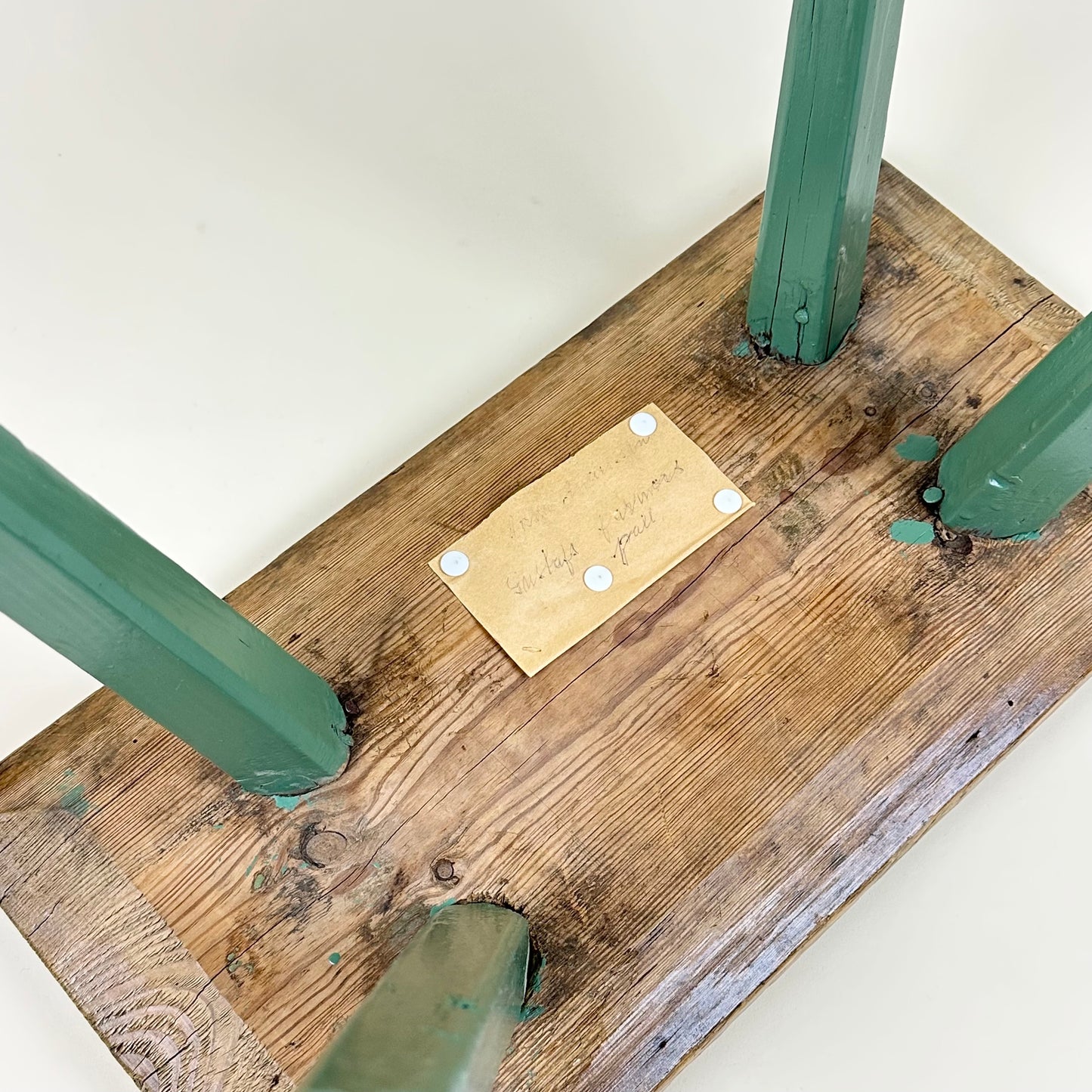 Low wooden stool, green legs, vintage