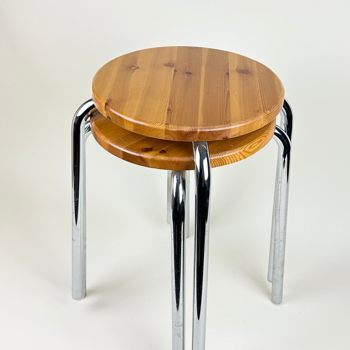 Pair of wood and chrome stools, vintage