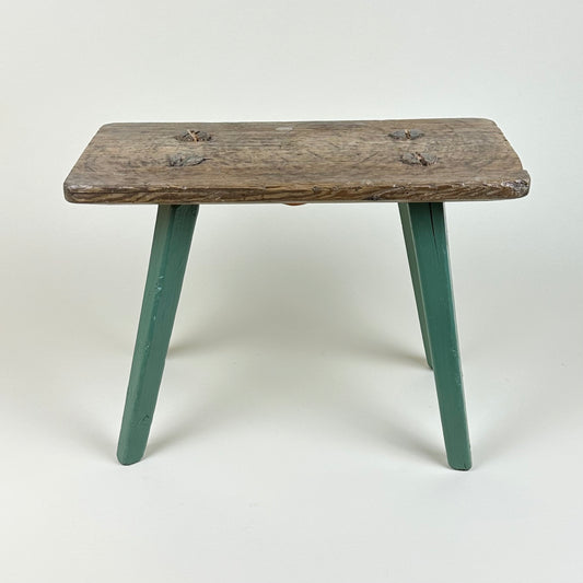 Low wooden stool, green legs, vintage