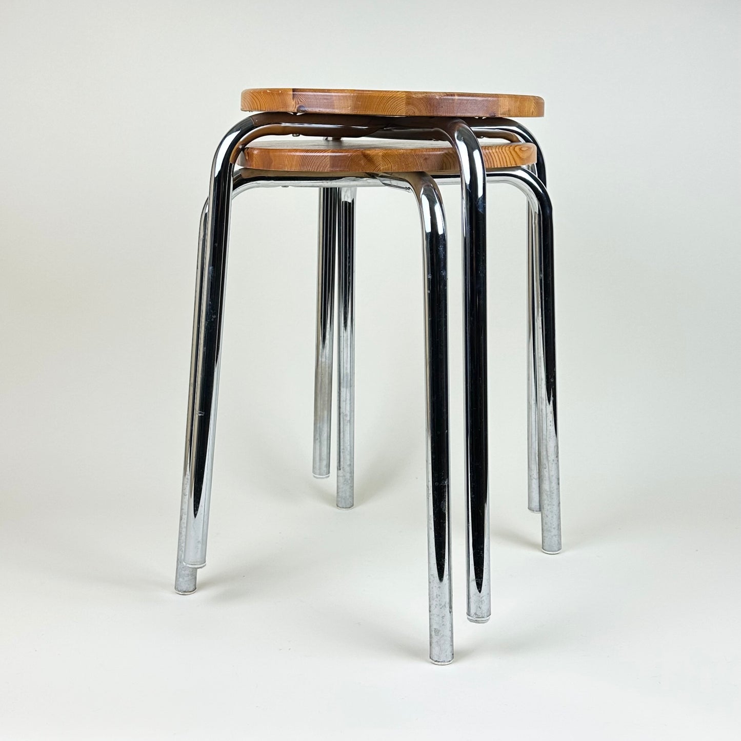 Pair of wood and chrome stools, vintage