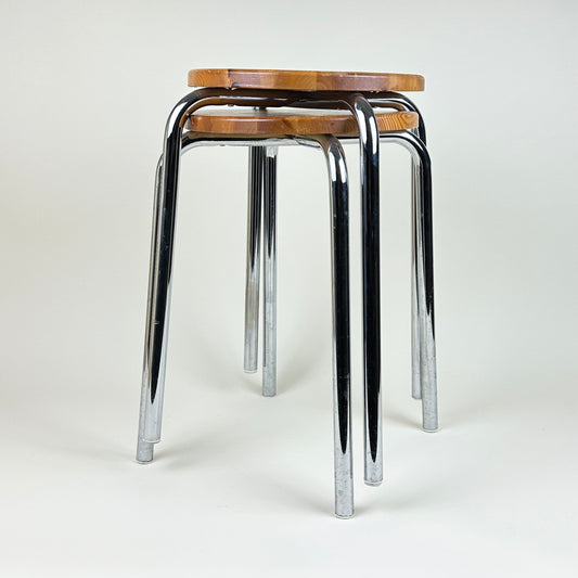 Pair of wood and chrome stools, vintage
