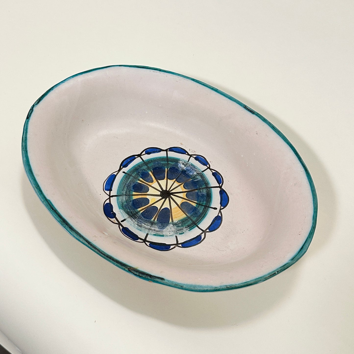 Vintage Italian ceramic hand-painted serving bowl (green/blue)