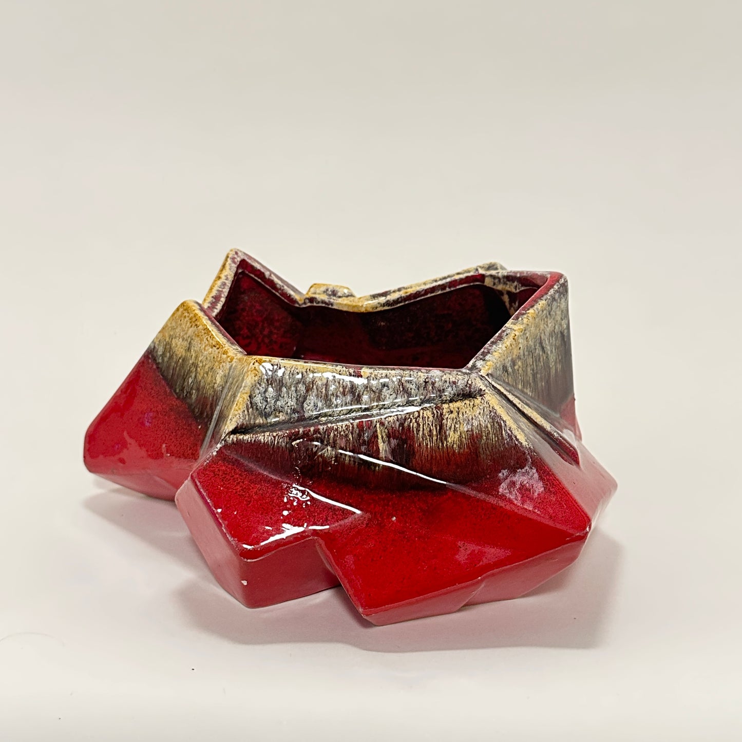 Red beige brown ceramic bowl, vintage