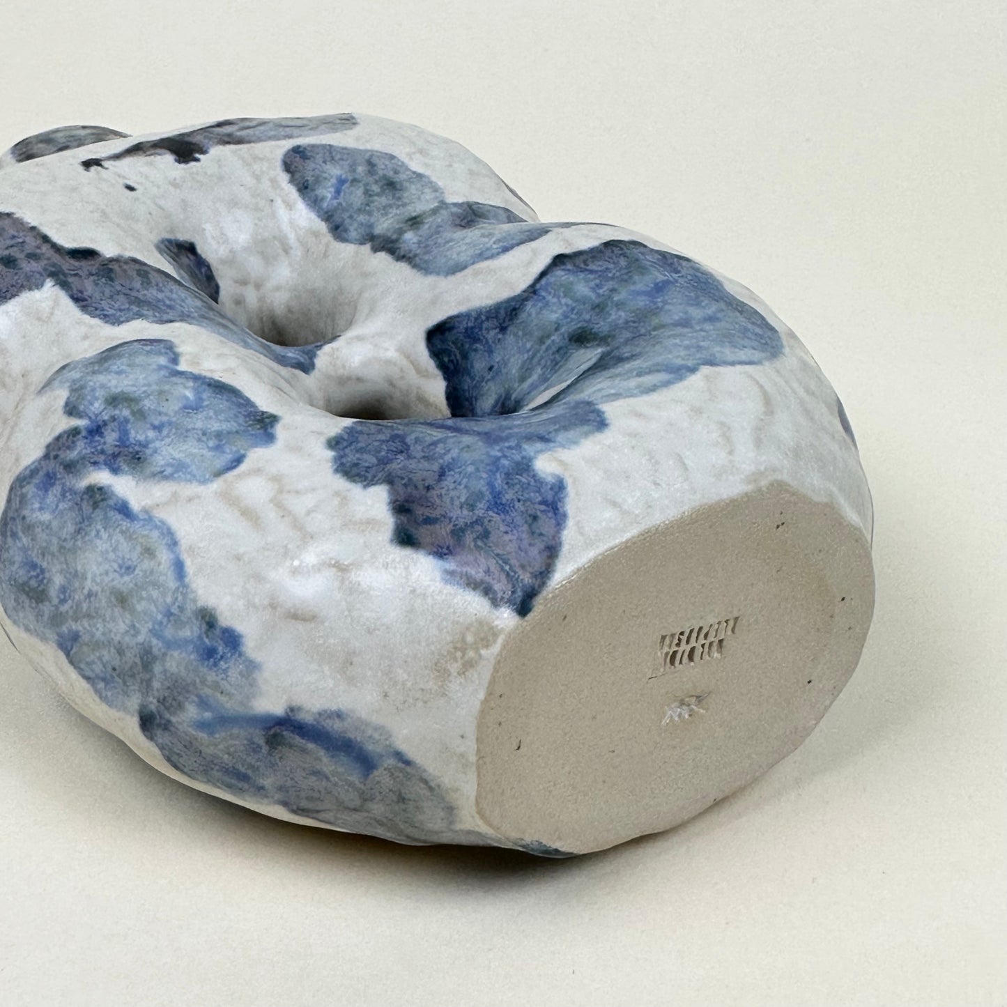 White and blue stoneware vase with two holes by Malwina Kleparska