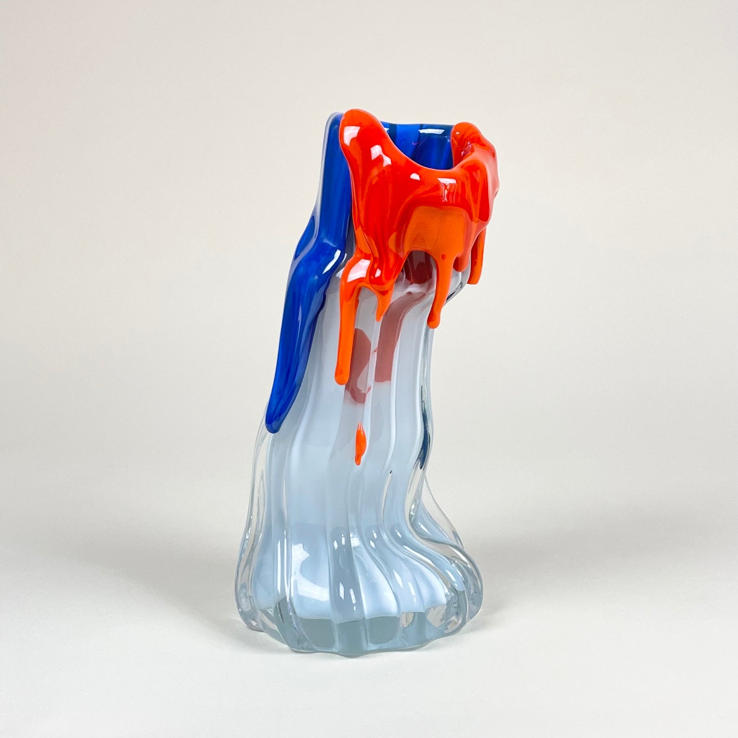 Mouthblown glass vessel  "Hekla" (white, red and blue) by Silje Lindrup
